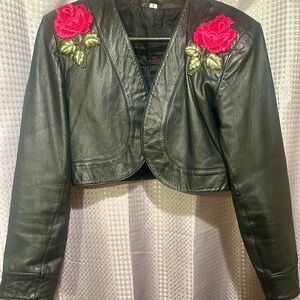 Vintage Black Leather Cropped Jacket with Red Floral Embroidery